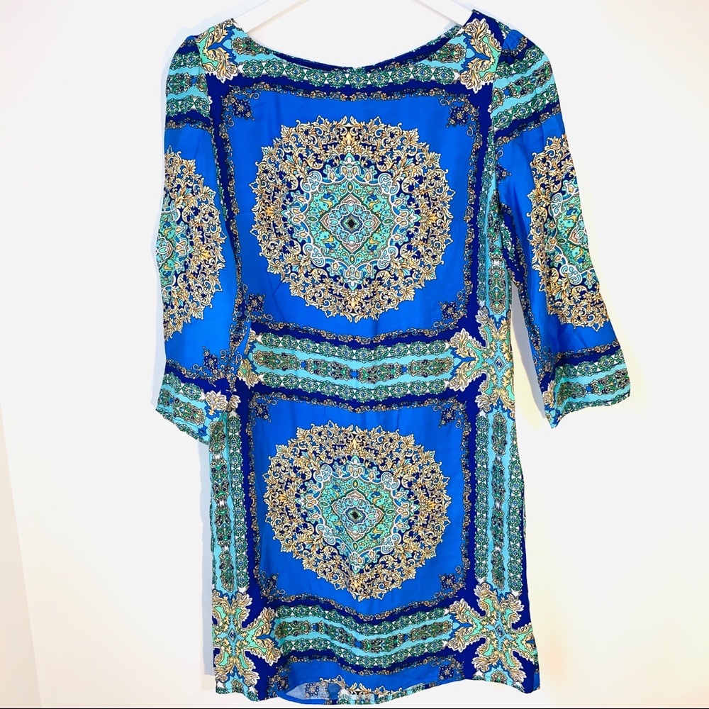 Laundry Shelli Segal gorgeous Blue & Gold Printed mini Dress size 6